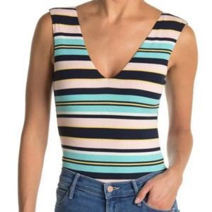 Afrm Mooni Striped Ribbed V-neck Bodysuit Pink Multi Size XS